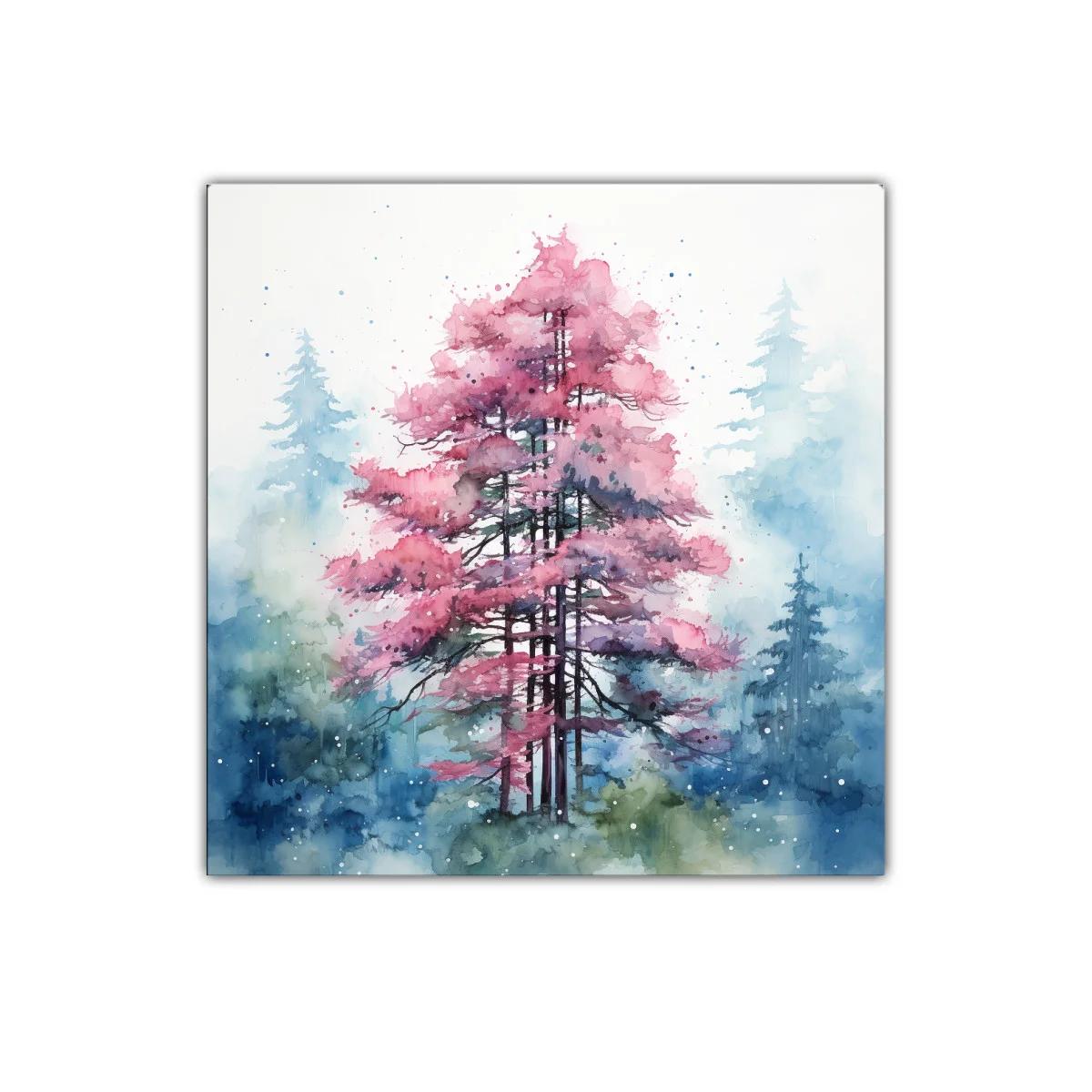 Cuadro decorativo con árbol rosa en bosque nebuloso