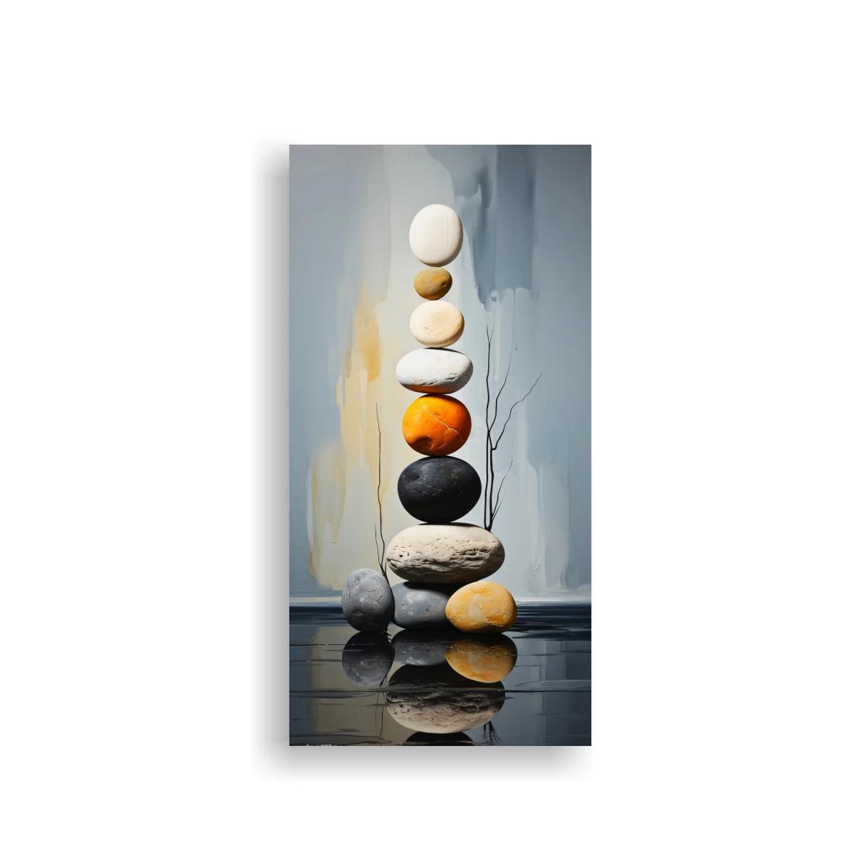 Cuadro torre de piedras apiladas con reflejo y ramita fina