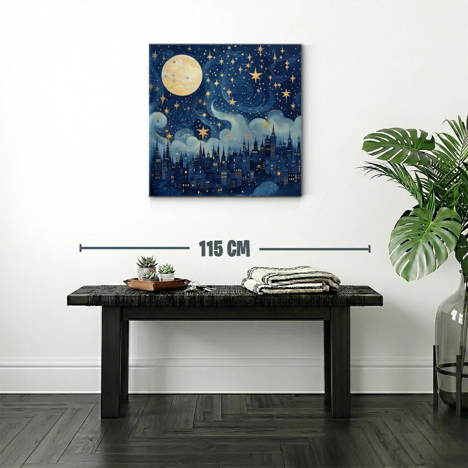 Ciudad nocturna bajo un cielo estrellado con luna llena — miniatura 2