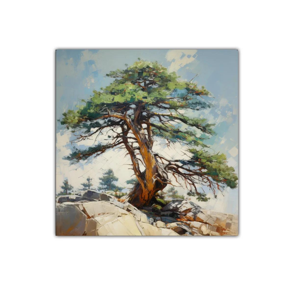 Árbol solitario en paisaje rocoso con cielo azul claro