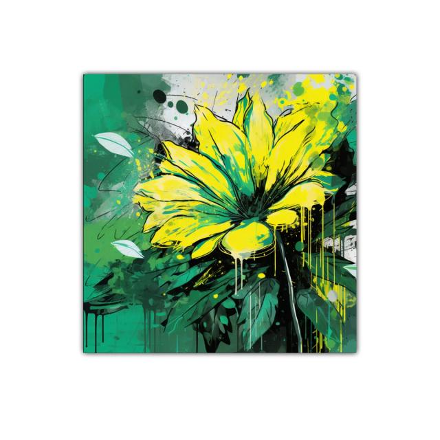 Cuadro vibrante con flor amarilla y fondo verde intenso