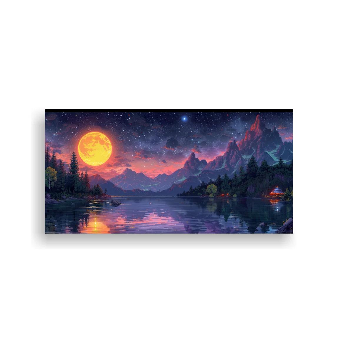 Cuadro paisaje nocturno con luna llena sobre un lago
