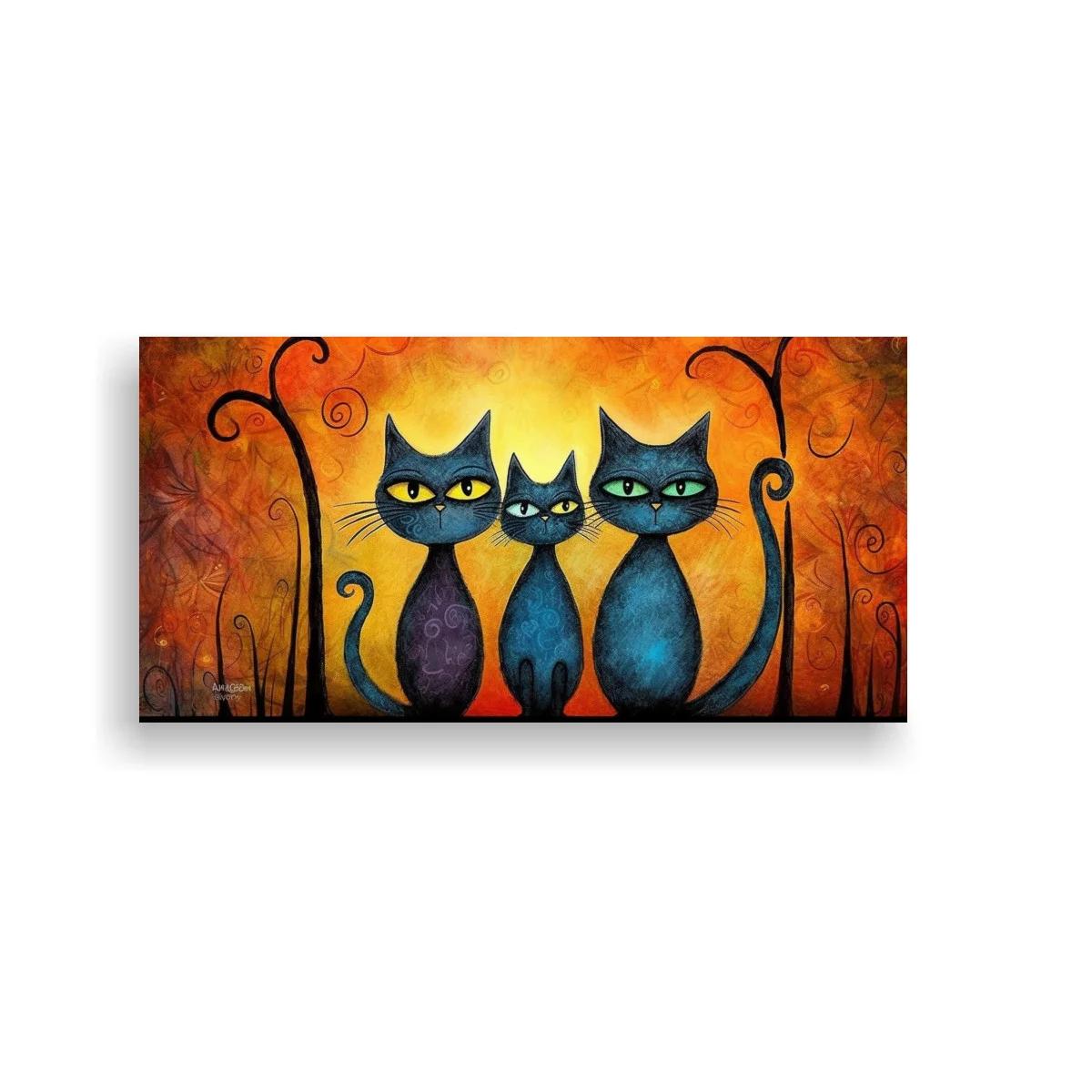 Cuadro tres gatos negros de ojos grandes con colas curvadas