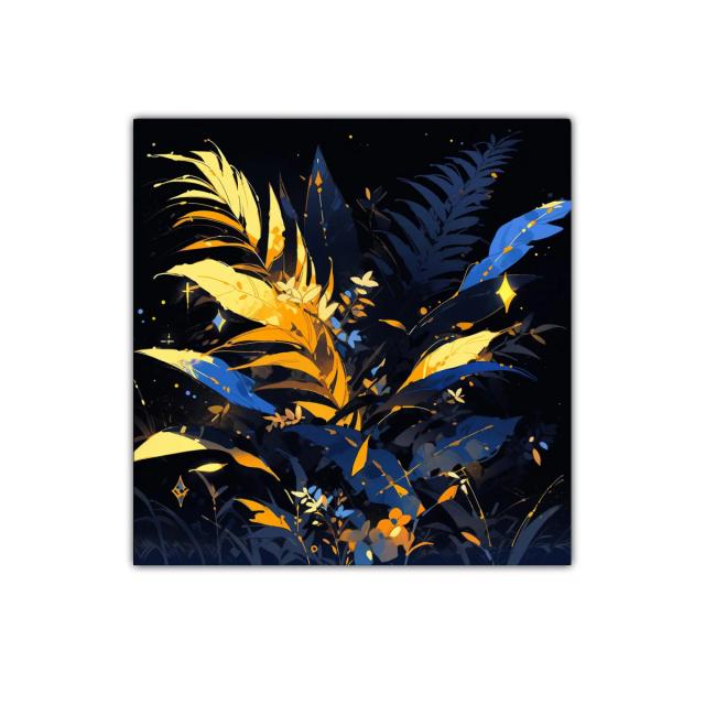 Ramillete luminoso de hojas en tonos azules y dorados