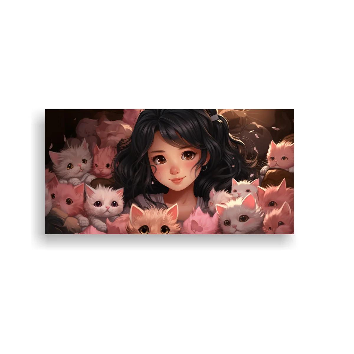 Cuadro chica anime con gatitos y flores rosadas