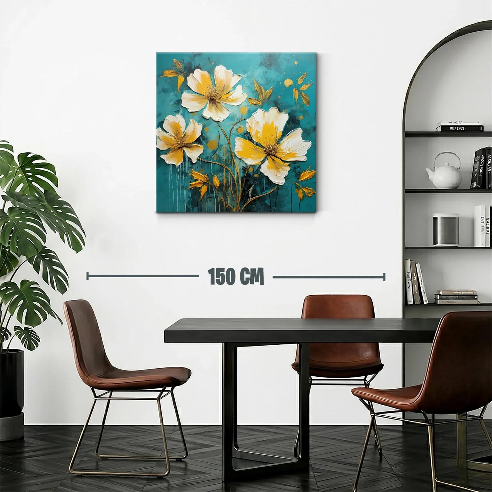 Cuadro floral moderno en tonos cálidos y fondo azul profundo — miniatura 2