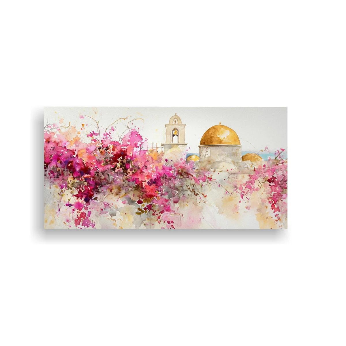 Cuadro paisaje urbano con cúpula dorada y flores rosas