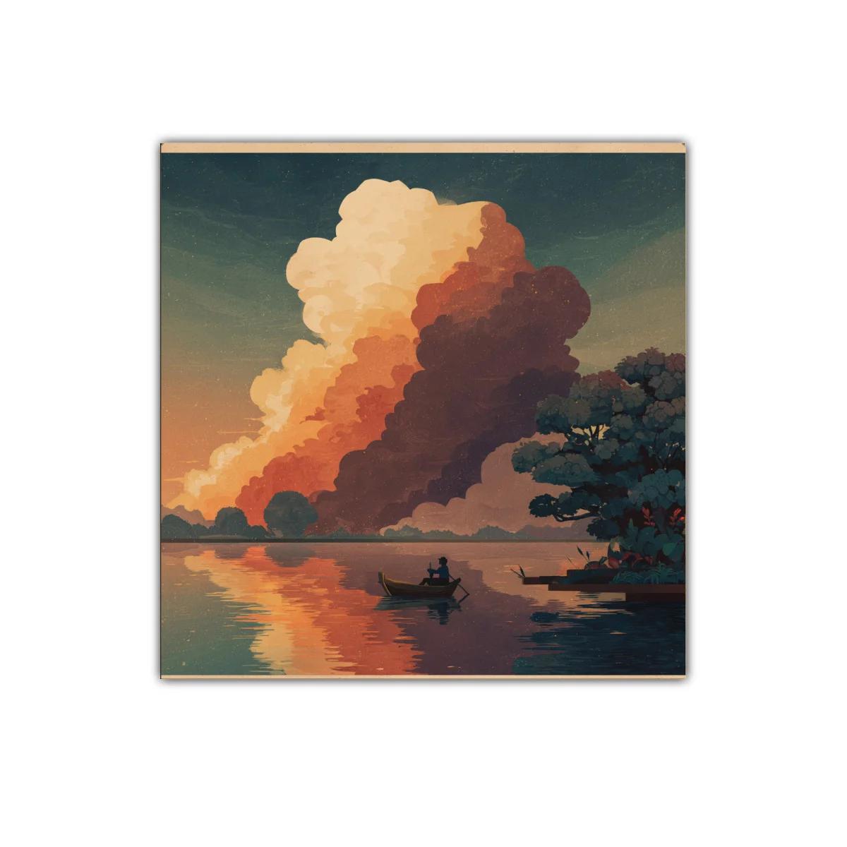 Paisaje sereno de un pescador en laguna al atardecer