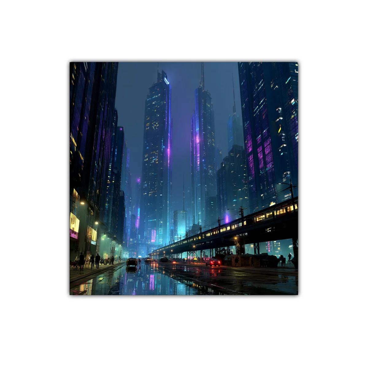 Ciudad nocturna futurista con luces de neón y reflejos urbanos — imagen principal