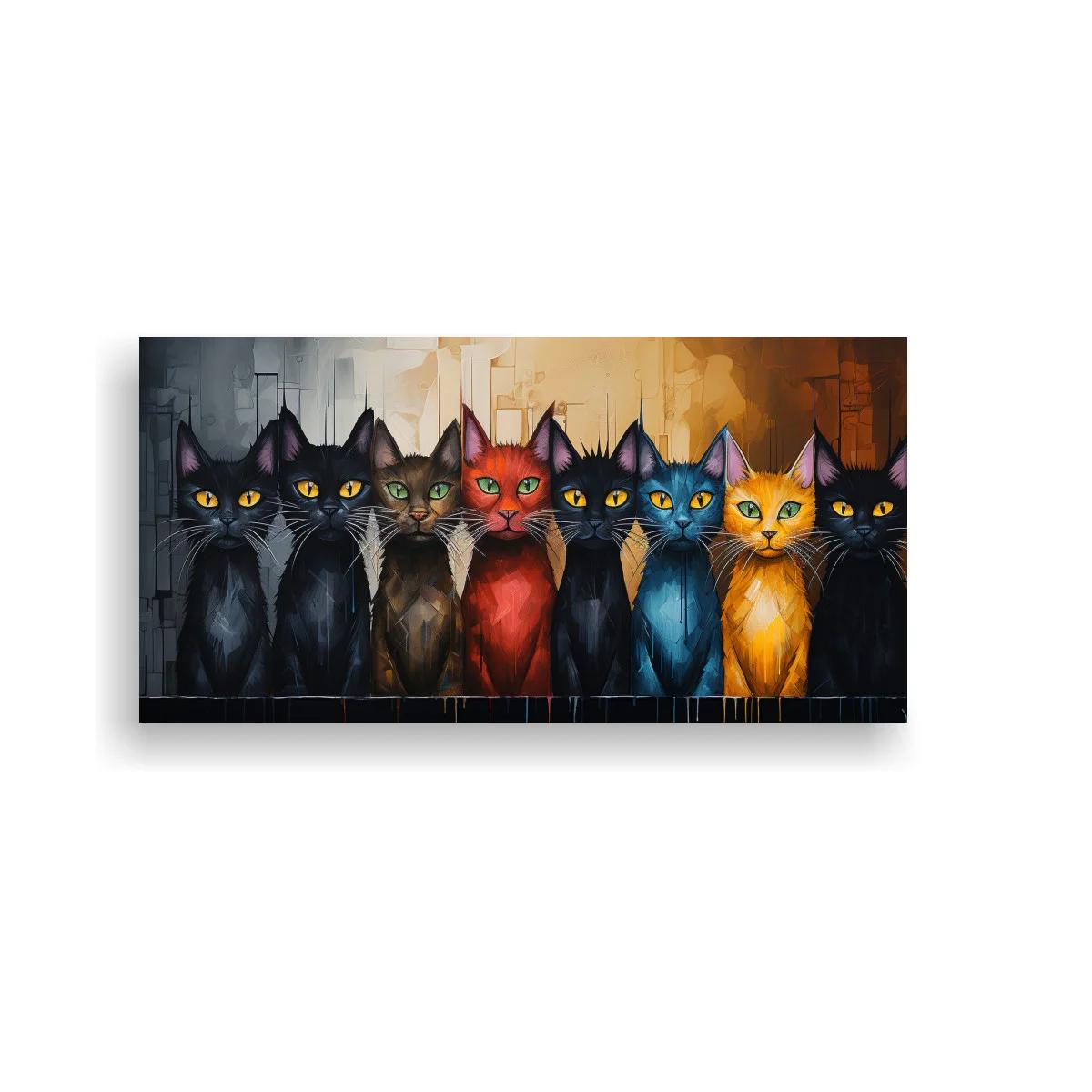 Cuadro grupo de gatos en fila con fondo geométrico — imagen principal