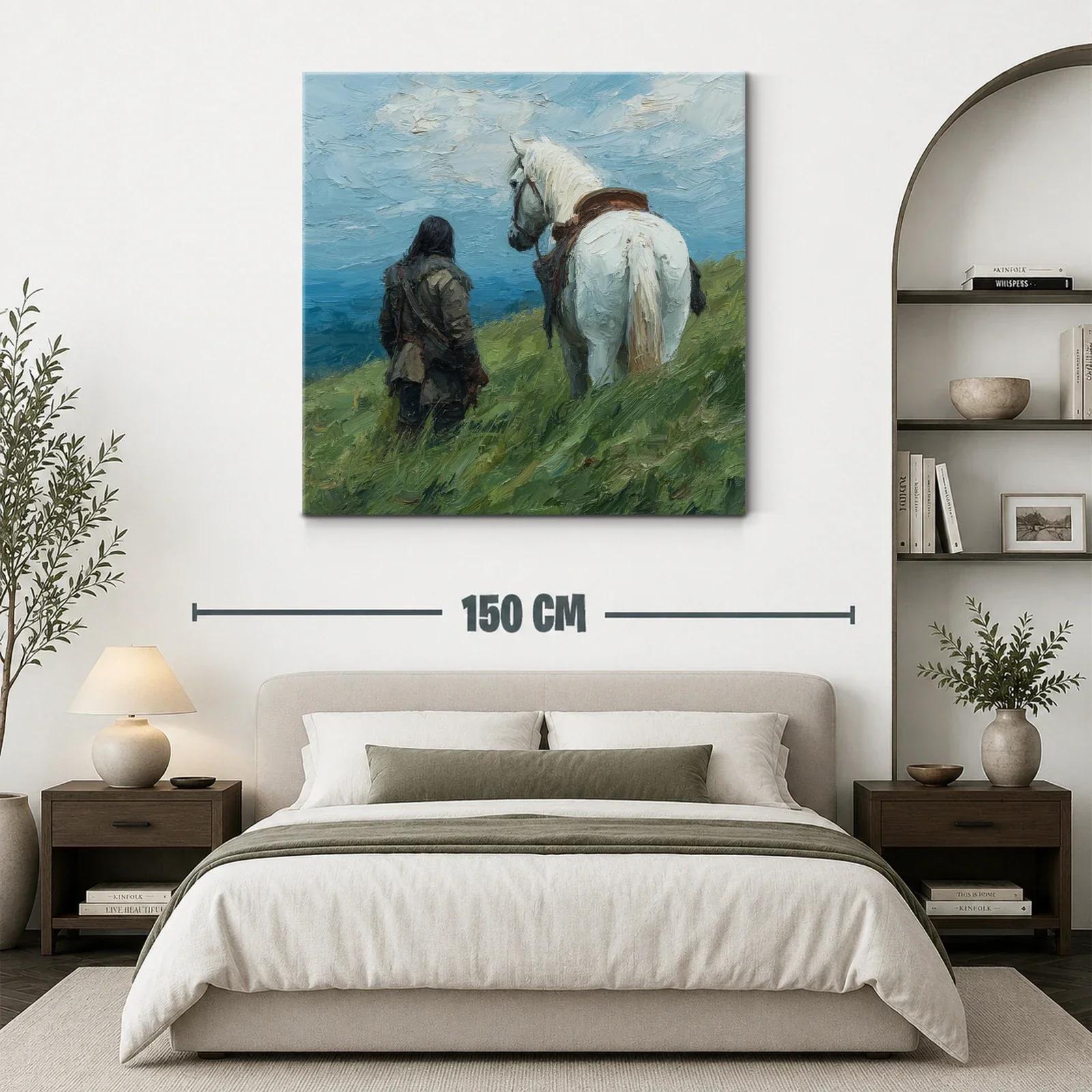 Escena Campestre con Jinete y Caballo Blanco en Paisaje Abierto — miniatura 3
