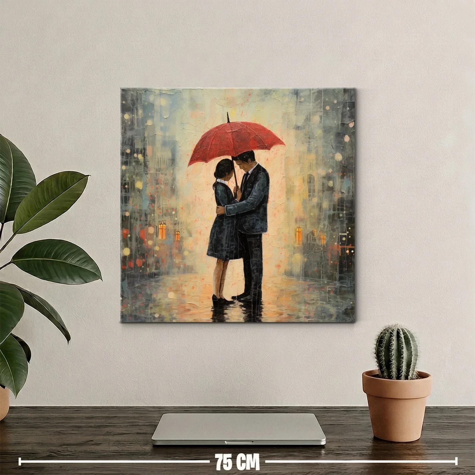 Romántico abrazo bajo un paraguas rojo en la lluvia — miniatura 2