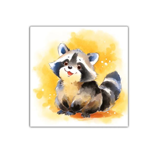 Cuadro decorativo mapache sonriente con fondo amarillo