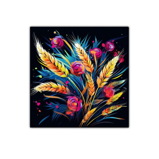 Ramo vibrante de trigo y flores en fondo oscuro