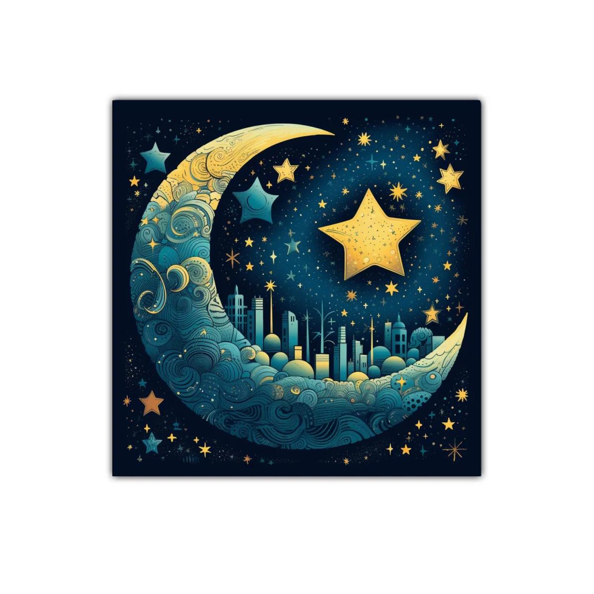 Ciudad mágica en luna azul y estrellas doradas — miniatura 1