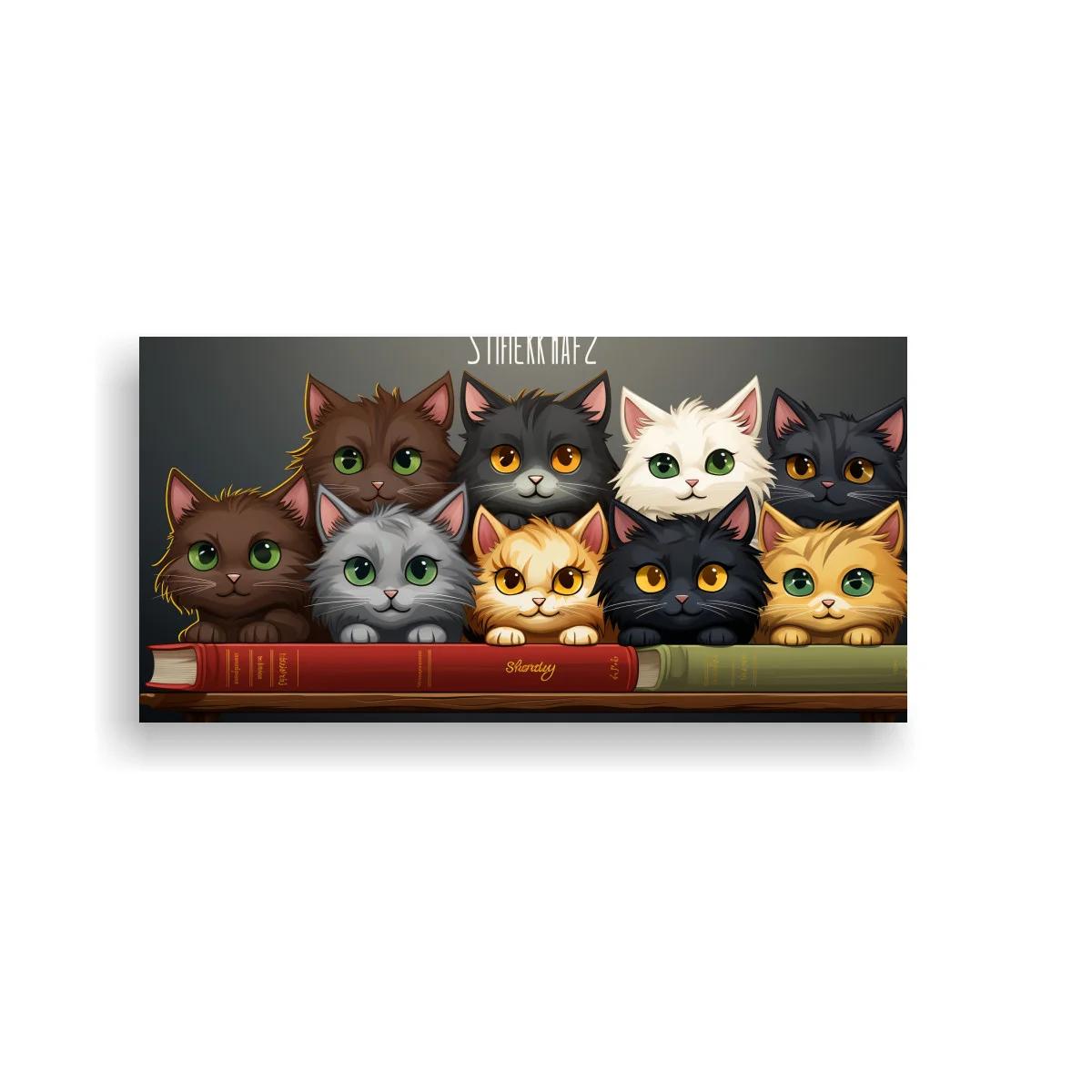 Cuadro fila de gatos sobre libros con miradas tiernas