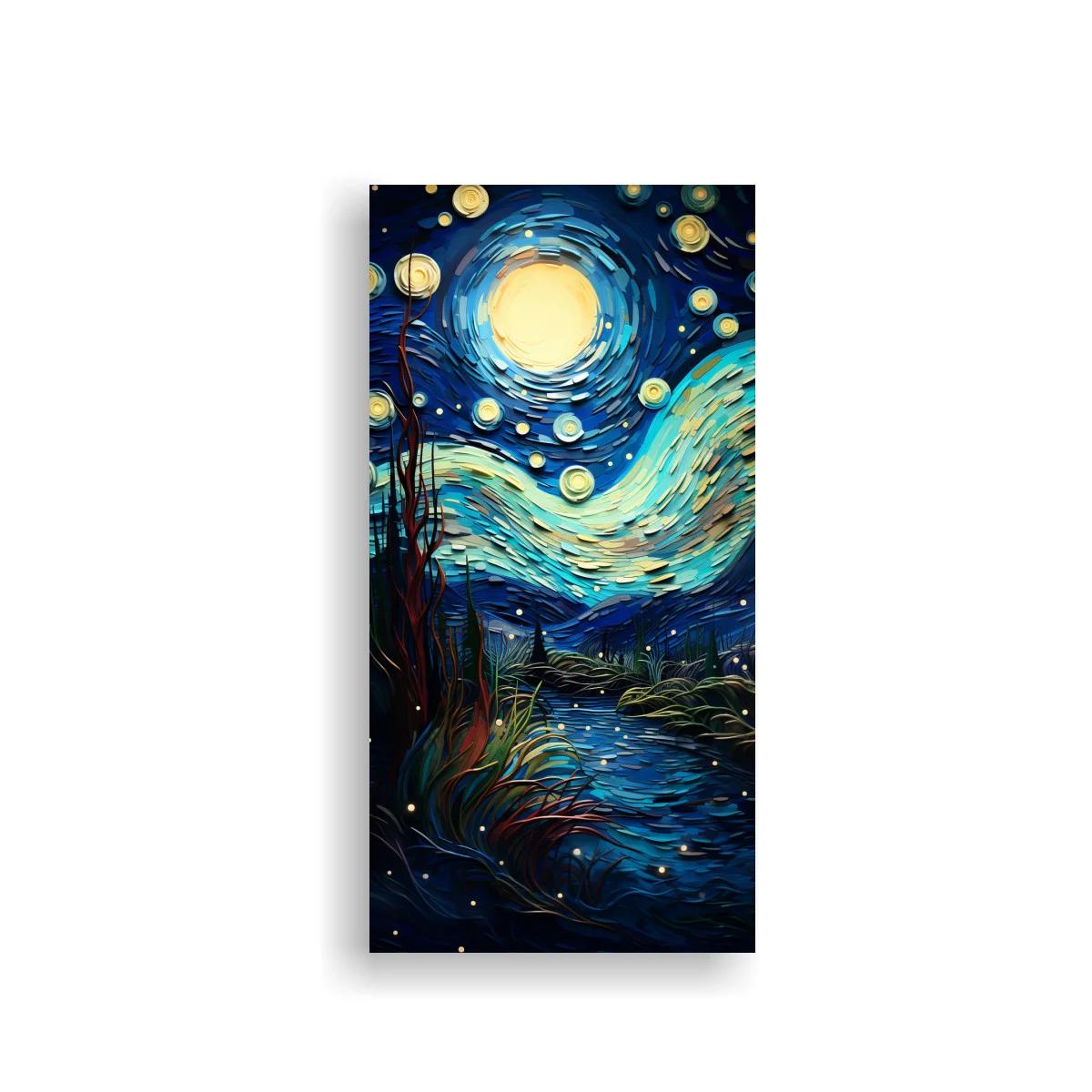 Cuadro luna llena sobre paisaje nocturno con remolinos azules