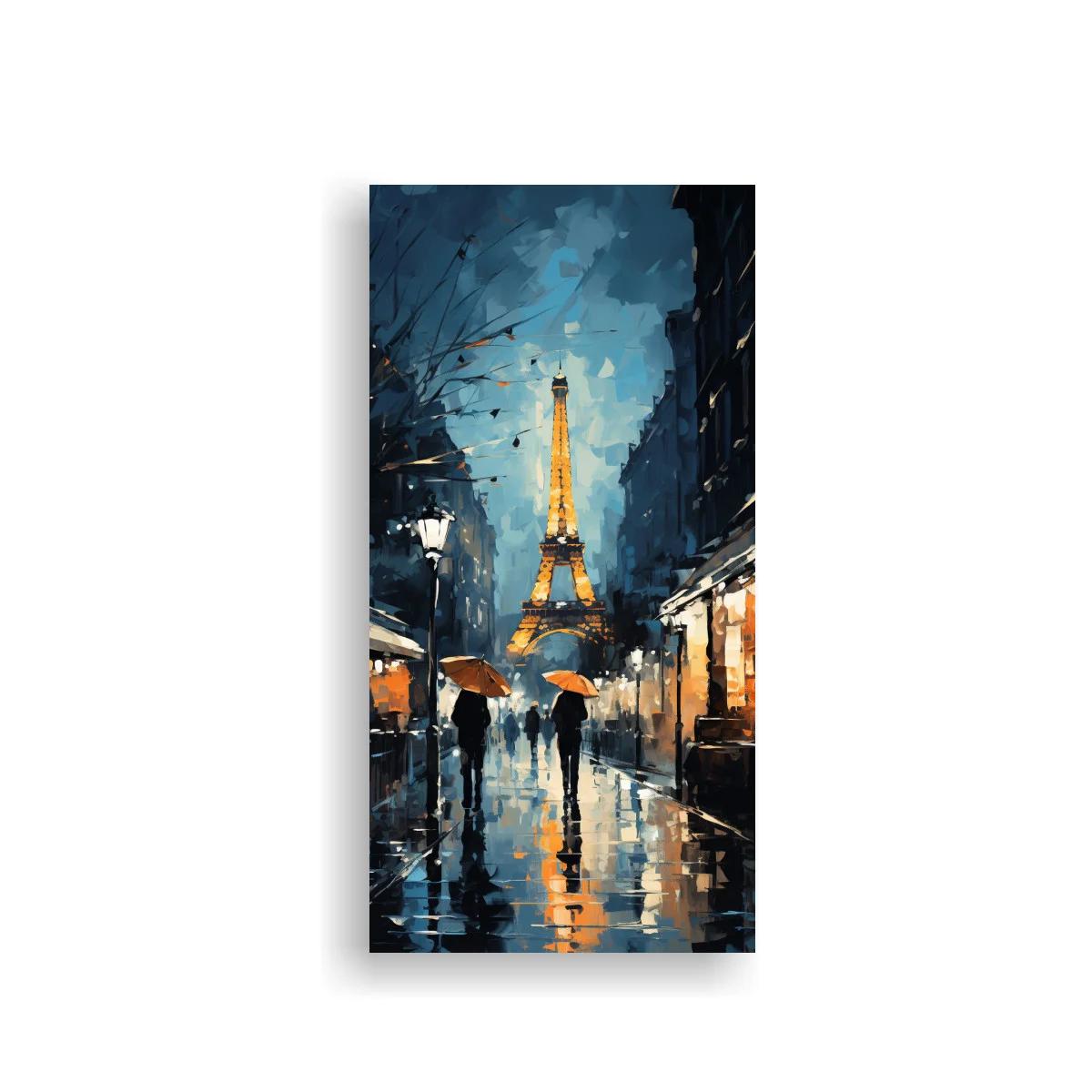 Cuadro Torre Eiffel iluminada en calle lluviosa