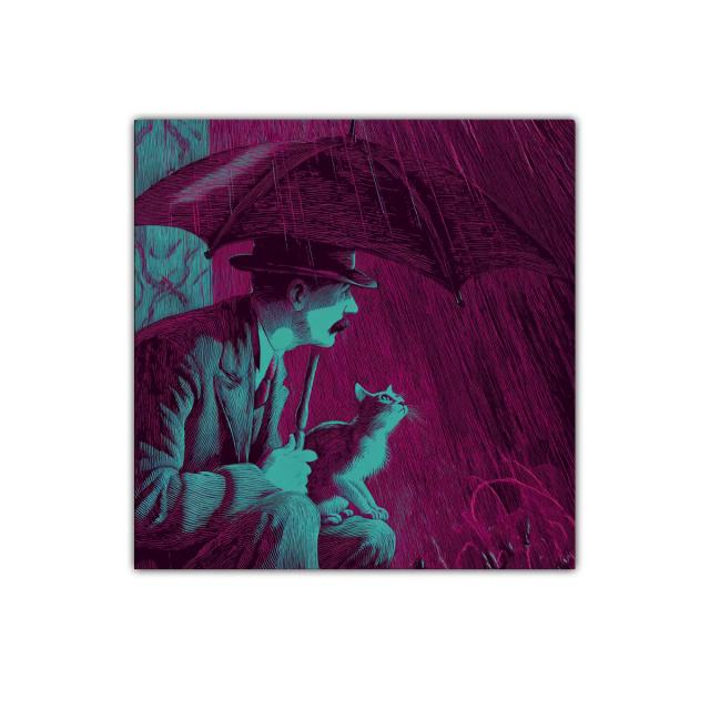 Hombre con gato bajo paraguas en lluvia vibrante