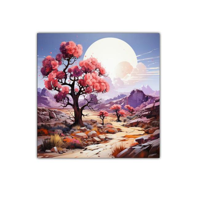 Paisaje surrealista con árboles de flores rosas y montañas