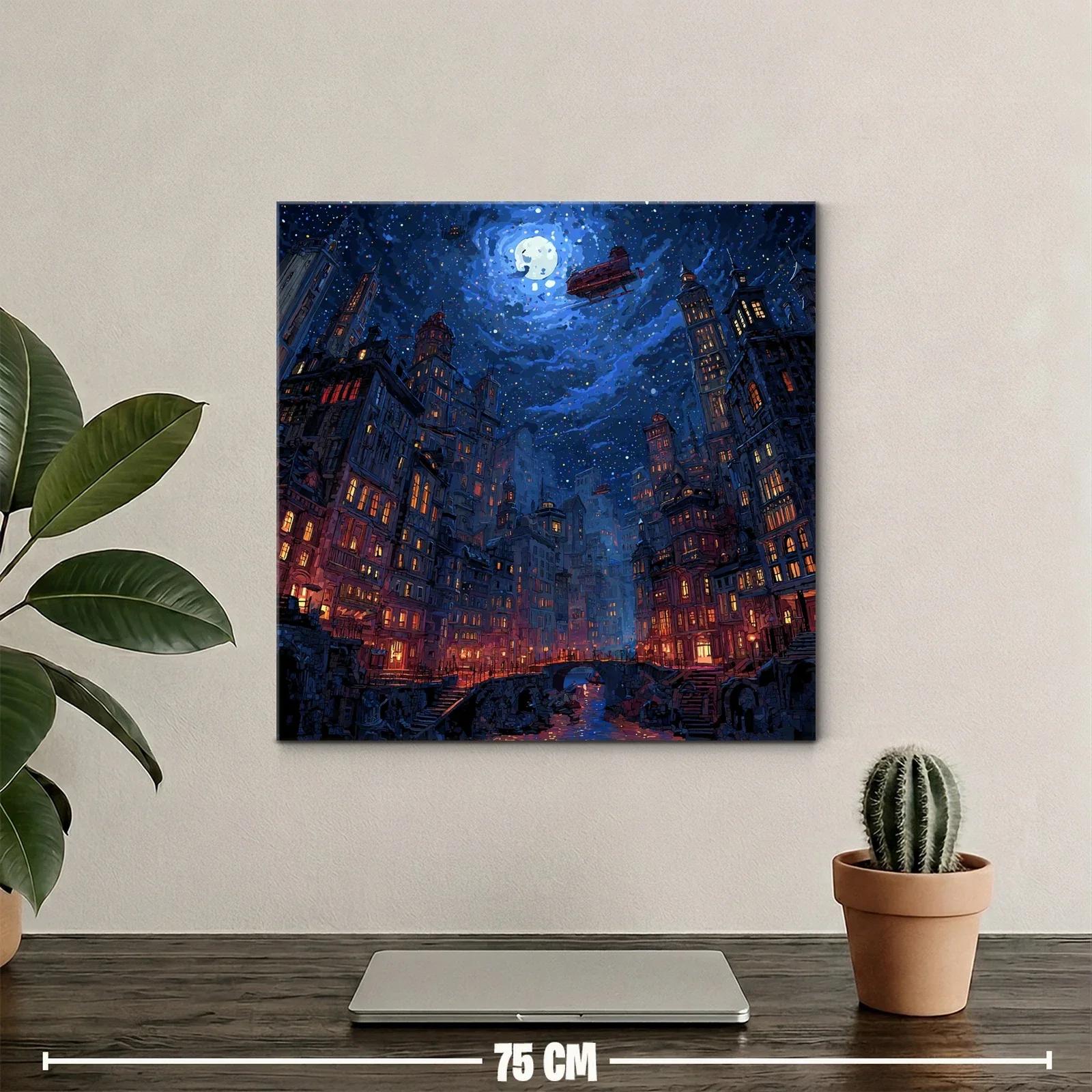 Ciudad nocturna bajo un cielo estrellado y luna llena — miniatura 2