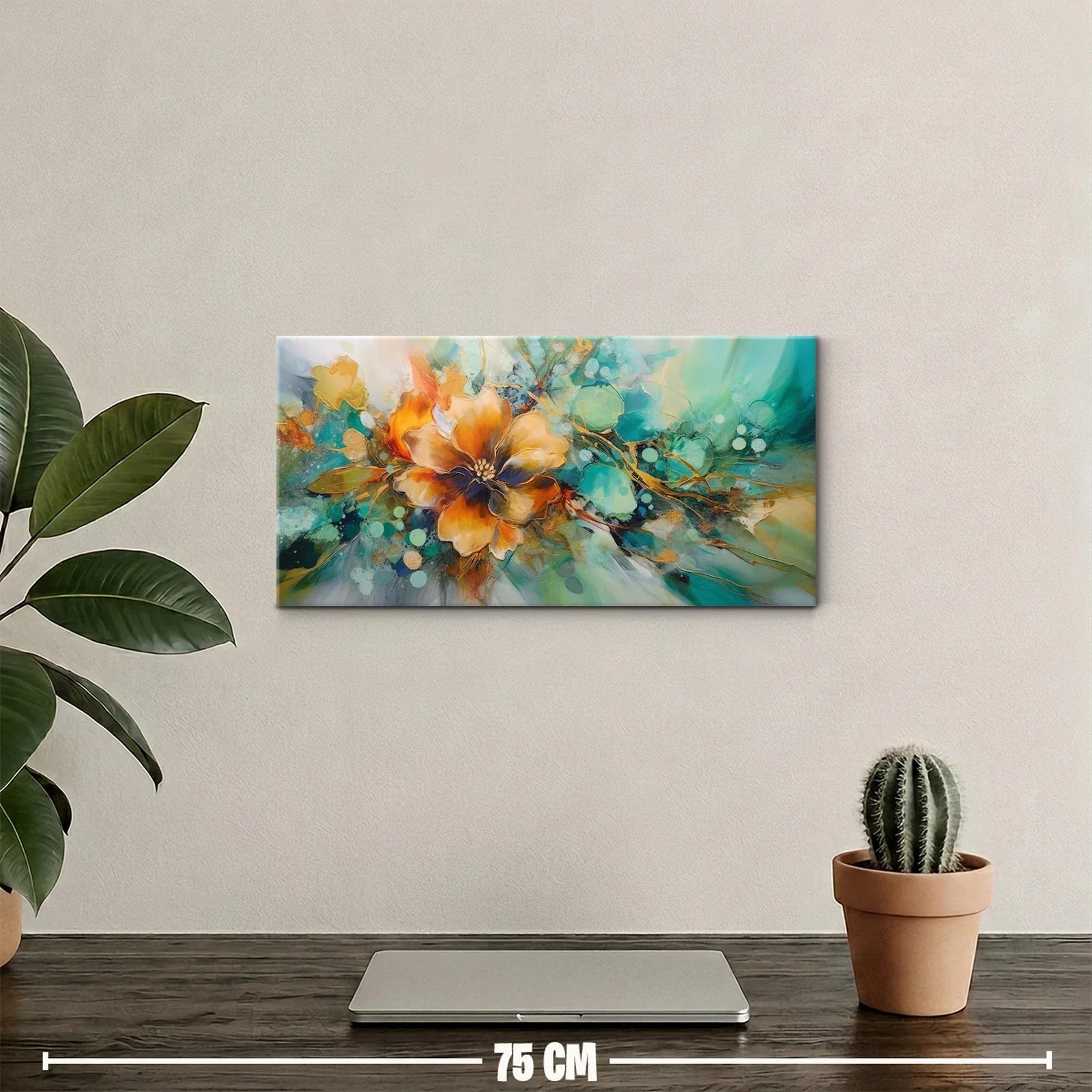 Cuadro flor anaranjada con ramas fluidas y fondo turquesa — miniatura 2