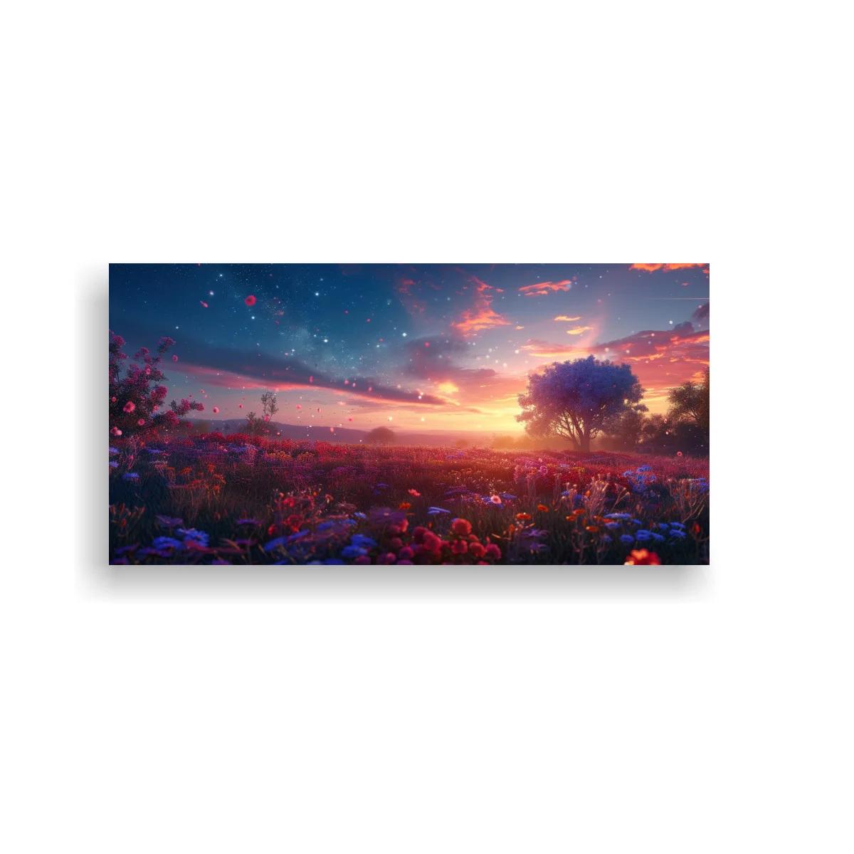 Cuadro campo de flores al atardecer con cielo protagonista