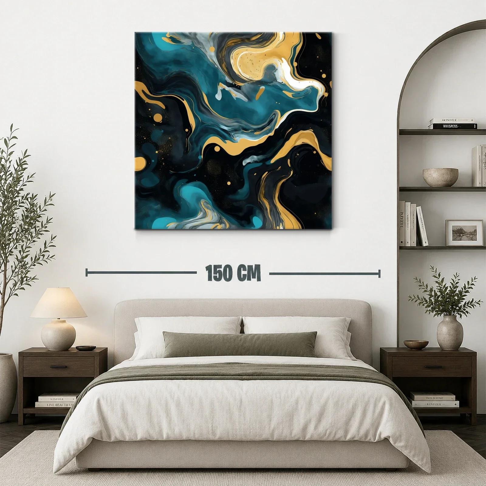 Cuadro abstracto con patrones fluidos y tonos dorados — miniatura 3