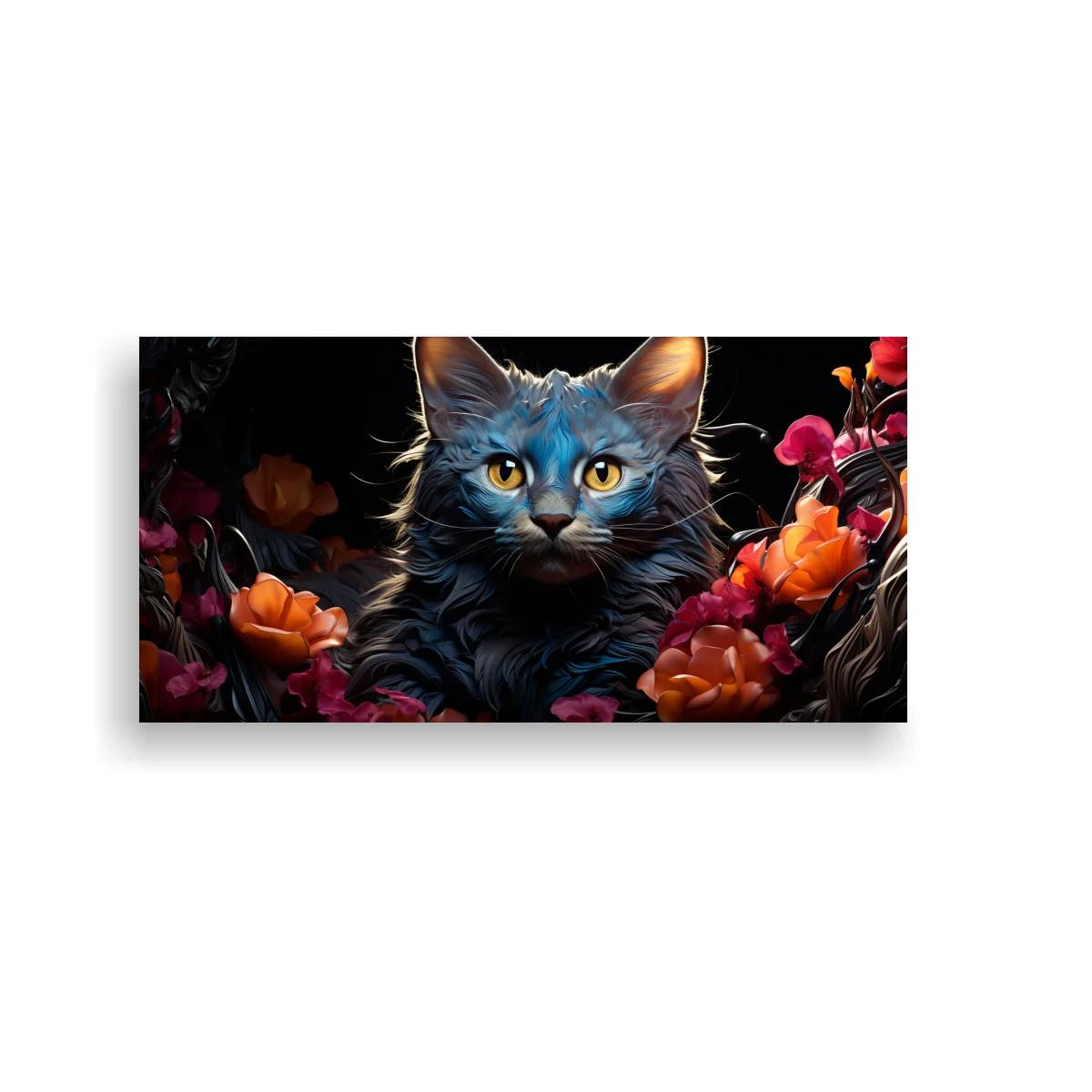 Cuadro gato gris de pelo largo con flores abiertas sobre fondo oscuro
