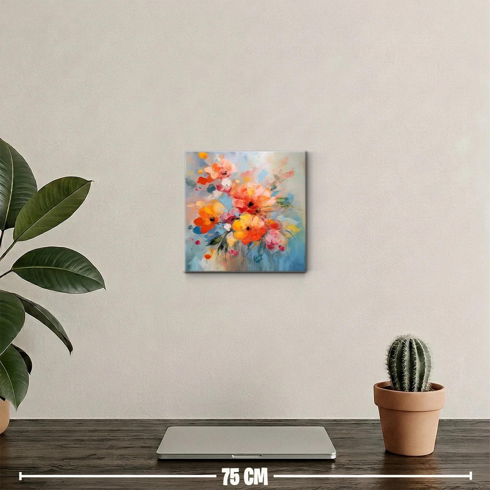 Cuadro decorativo con vibrantes flores en tonos cálidos y fríos — miniatura 2