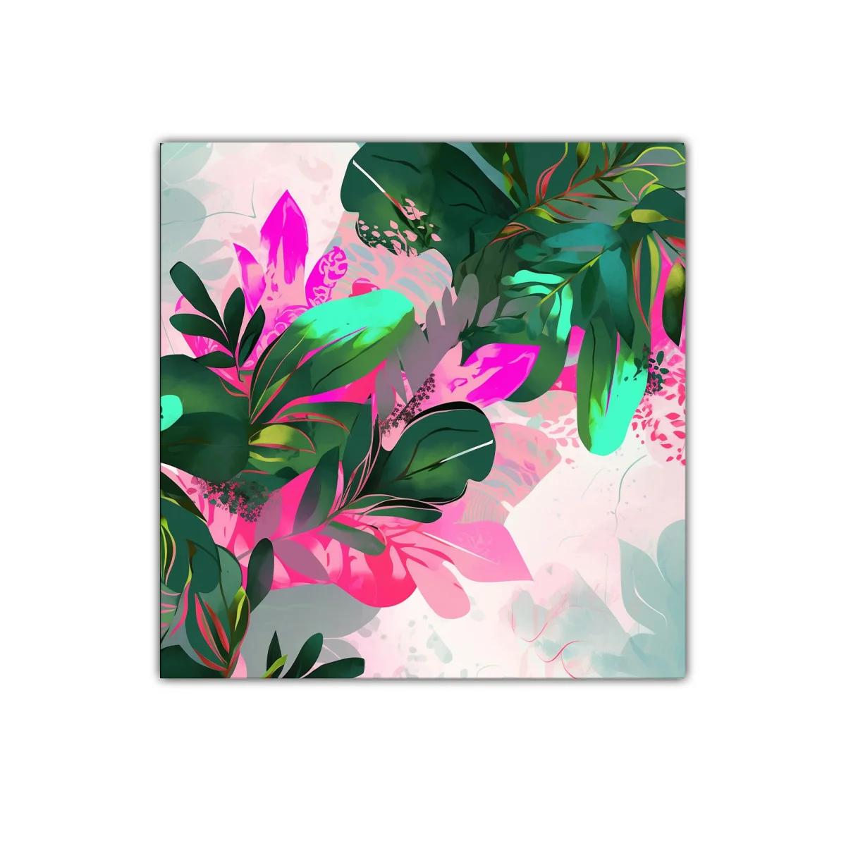 Composición botánica vibrante con hojas verdes y rosas — imagen principal