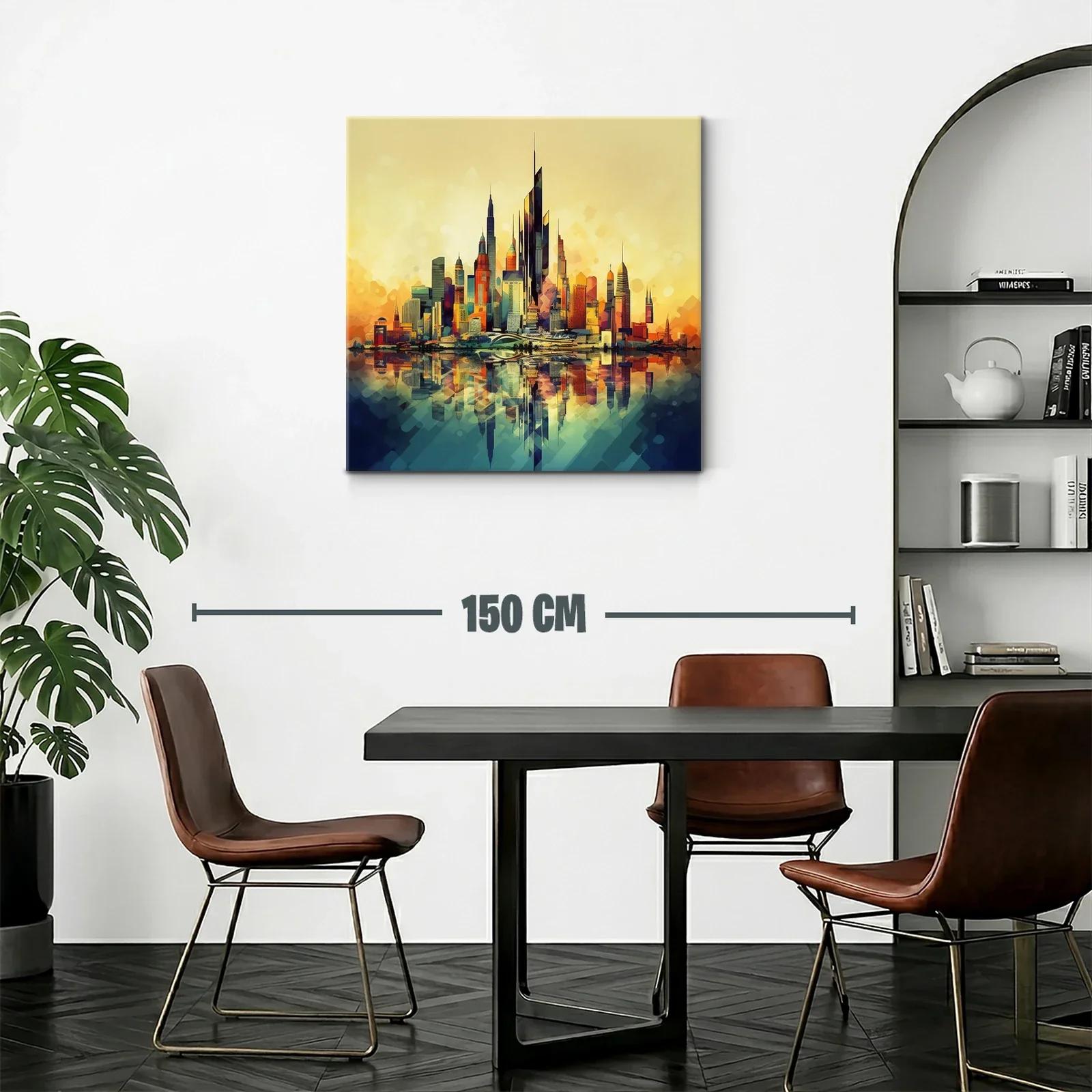 Vibrante ciudad futurista con reflejos al atardecer — miniatura 2