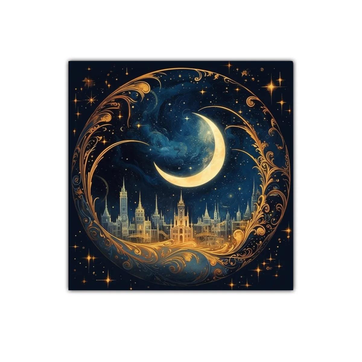 Cuadro decorativo ciudad encantada bajo luna creciente dorada — imagen principal