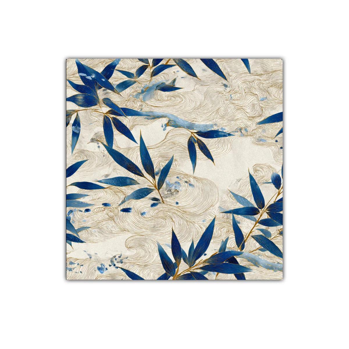 Cuadro con hojas azules y trazos dorados sobre fondo beige — imagen principal