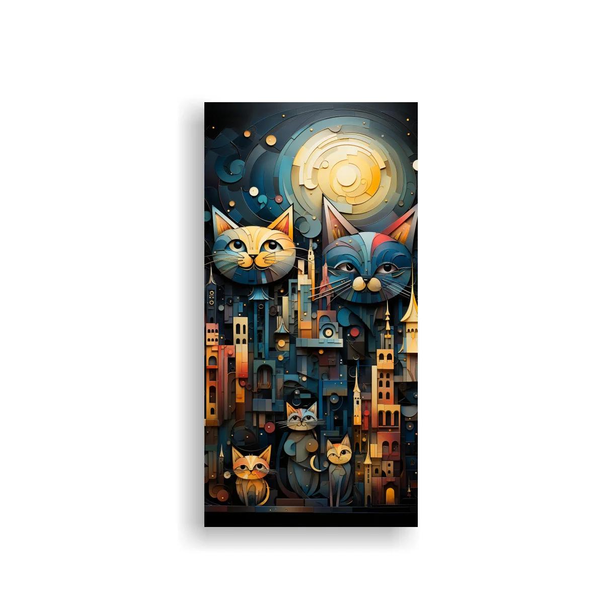 Cuadro gatos en ciudad fantástica con círculo luminoso