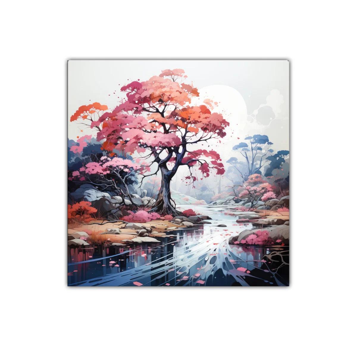 Paisaje sereno con árbol rosa junto a río reflejante — imagen principal
