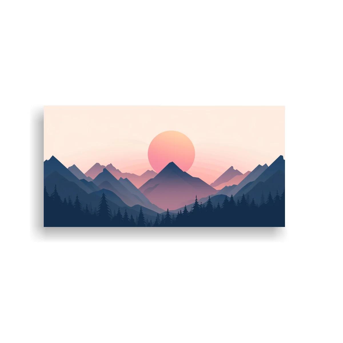 Cuadro montañas al atardecer con sol rosado y franja de bosque