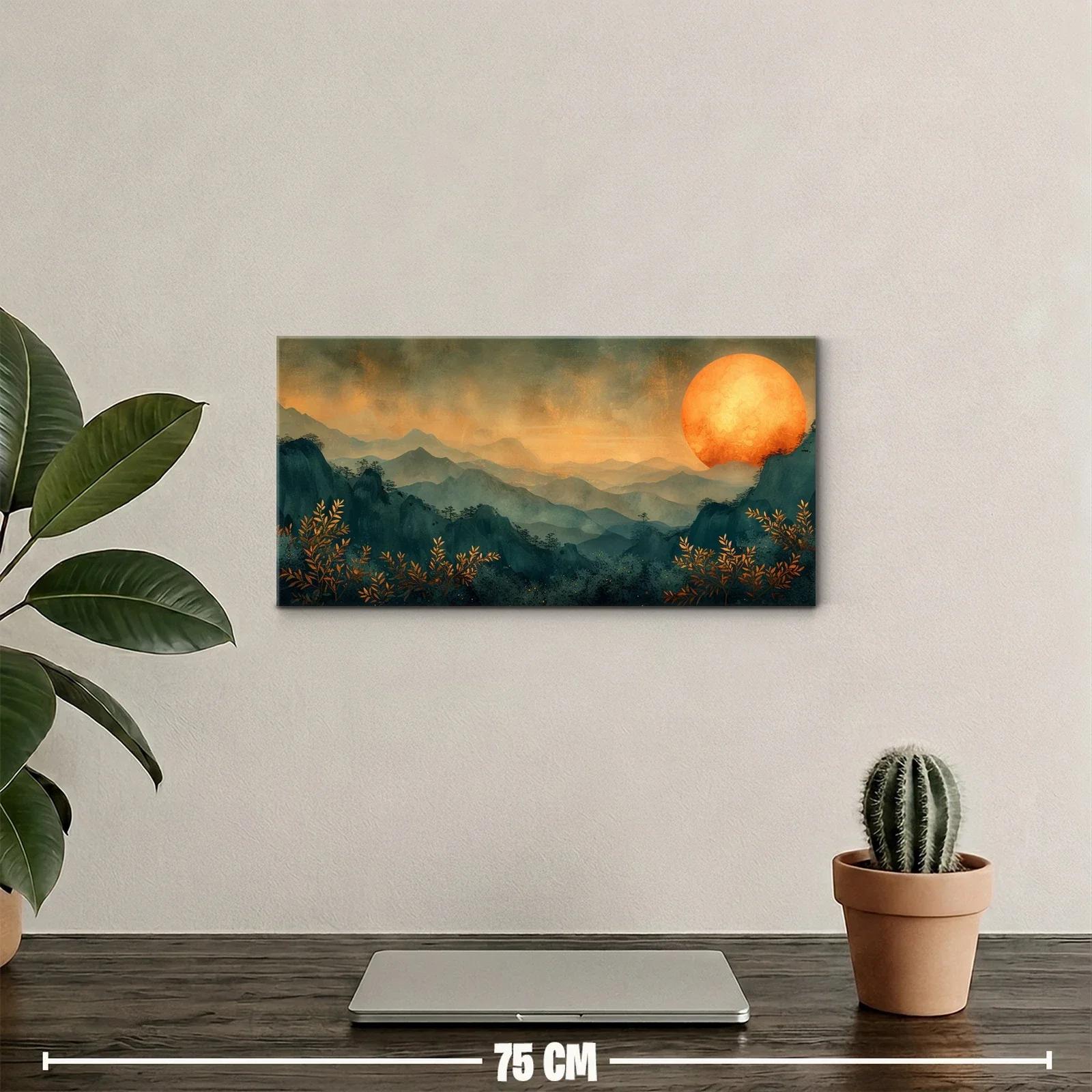 Cuadro sol rojo sobre montañas enmarcado por vegetación — miniatura 2