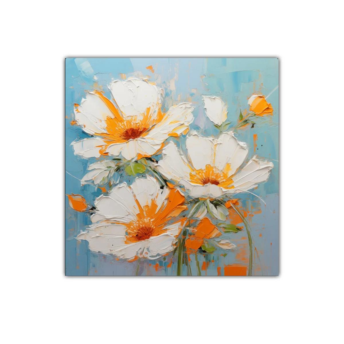 Cuadro con flores blancas y detalles naranjas sobre fondo azul — imagen principal