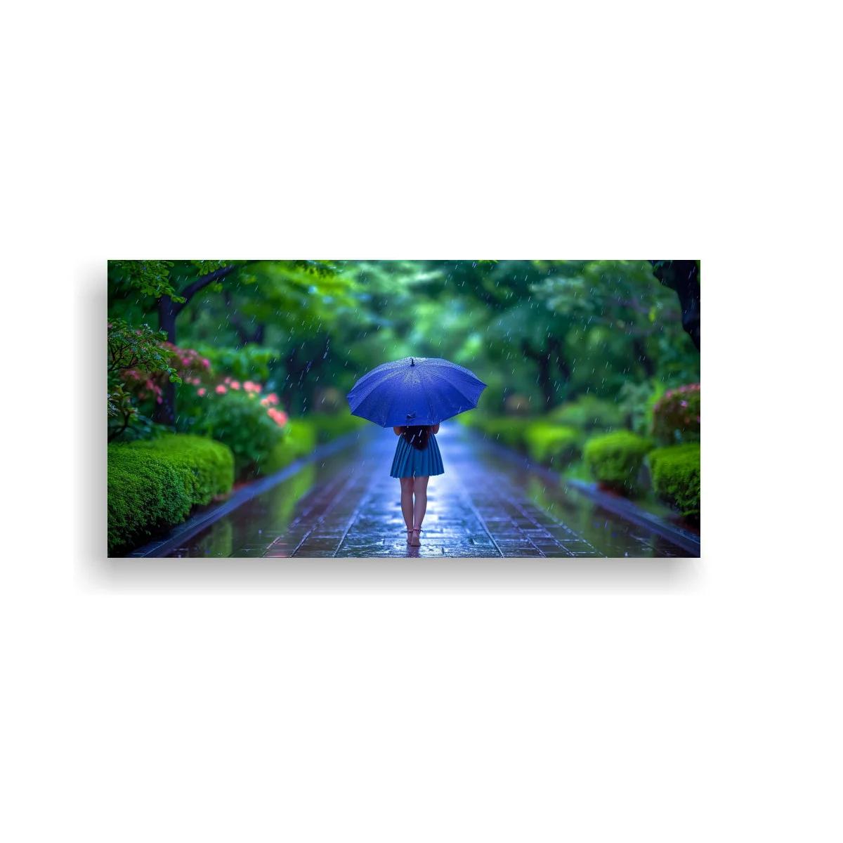 Cuadro persona con paraguas azul en jardín lluvioso — imagen principal