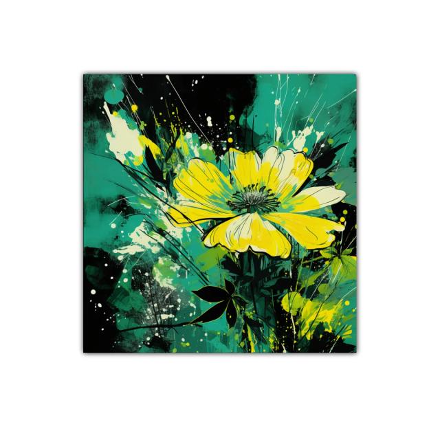 Flores amarillas vibrantes sobre fondo turquesa y negro