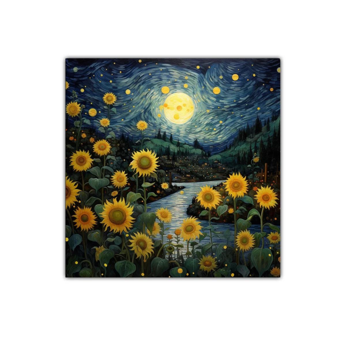 Campo de girasoles bajo un cielo estrellado y la luna llena — imagen principal