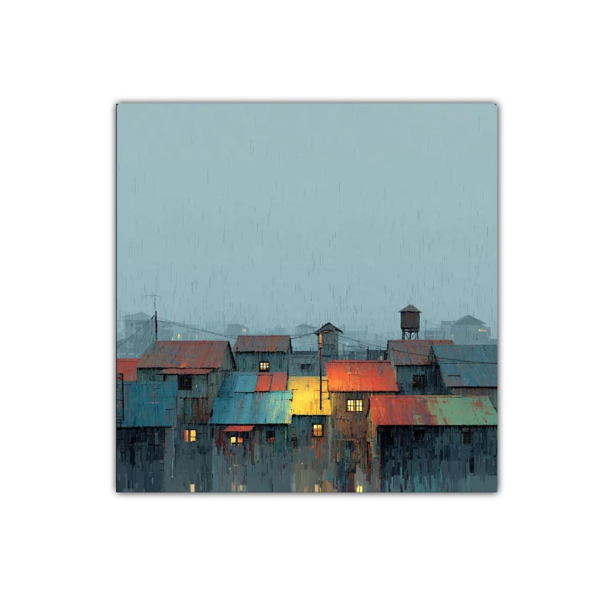 Paisaje urbano lluvioso con tejados coloridos y luz cálida — imagen principal