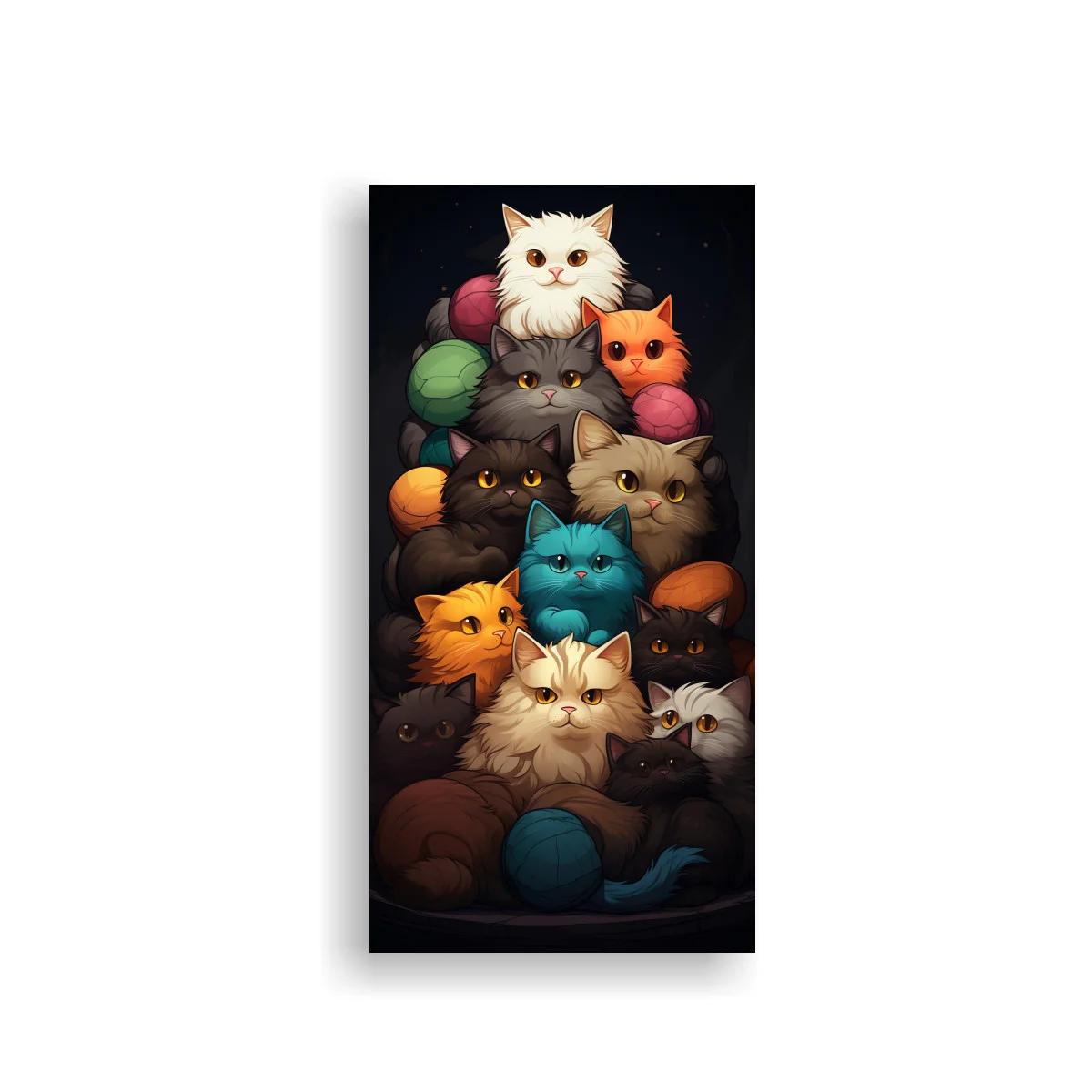 Cuadro grupo de gatos con ovillos de lana de colores