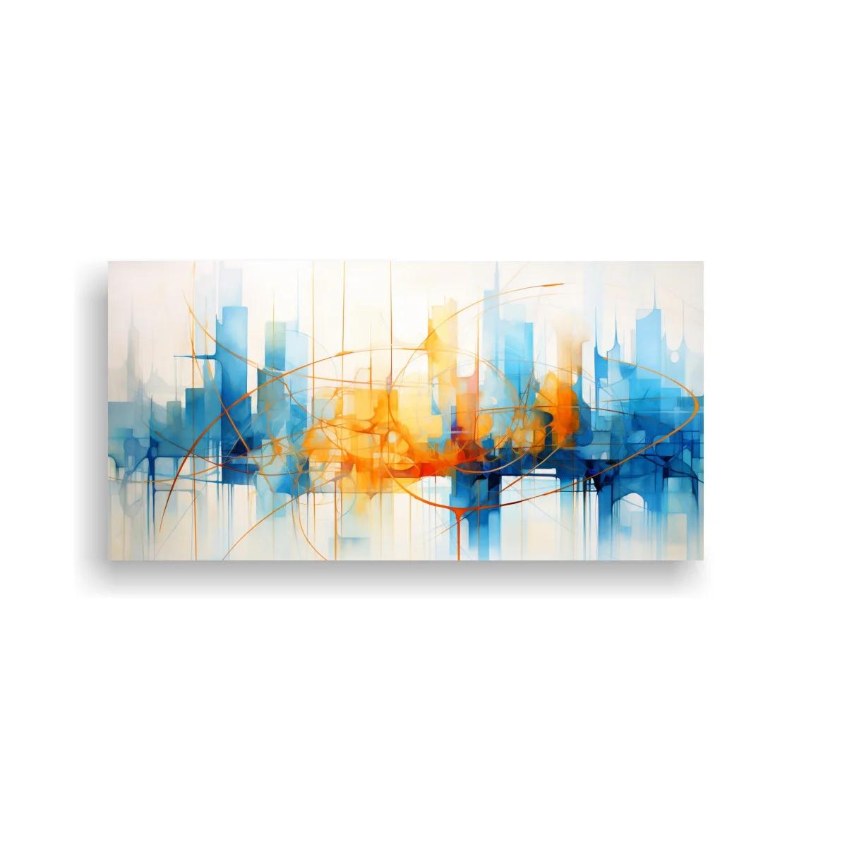 Cuadro skyline abstracto con veladuras azules y acentos dorados — imagen principal