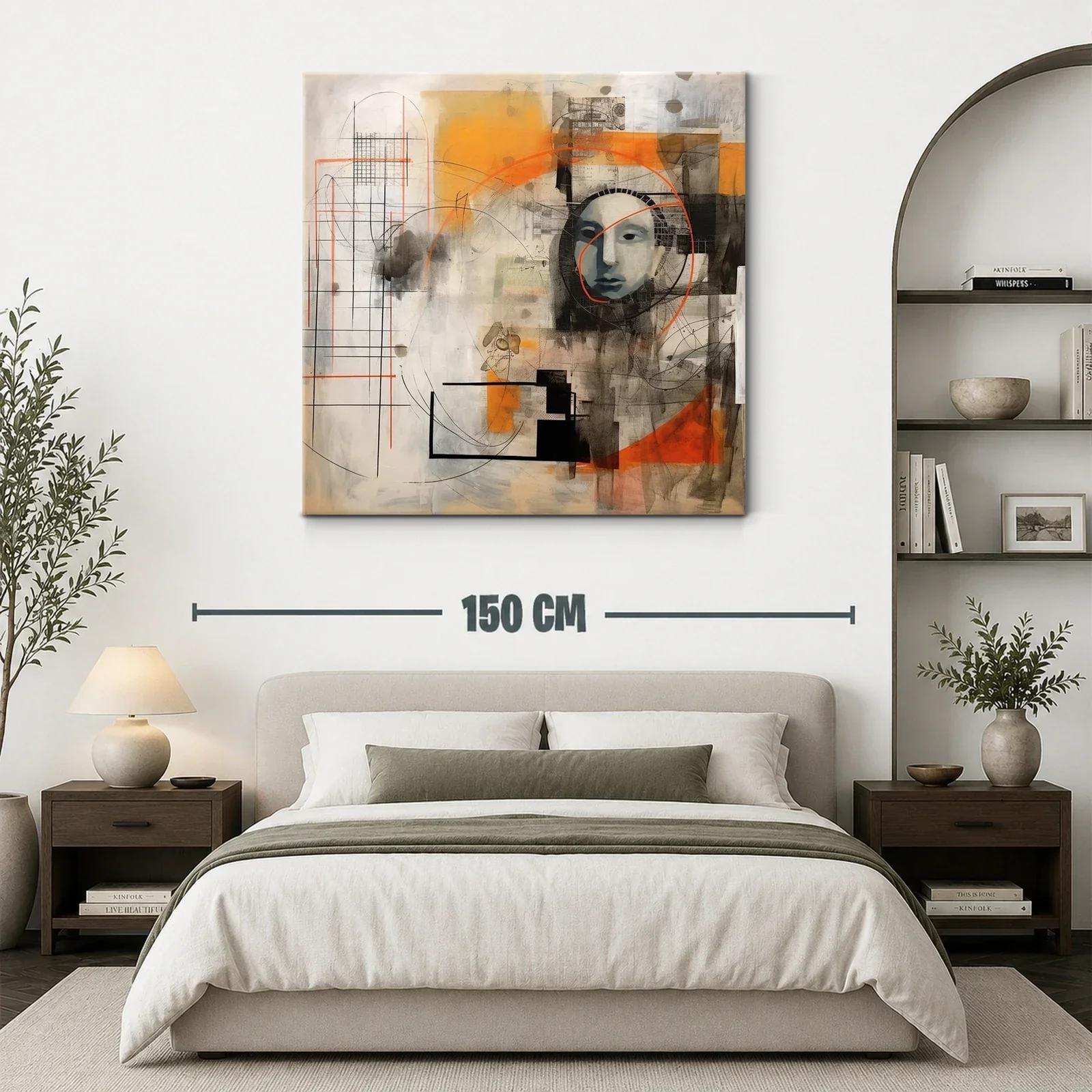 Cuadro abstracto con rostro y formas geométricas naranja y negro — miniatura 3