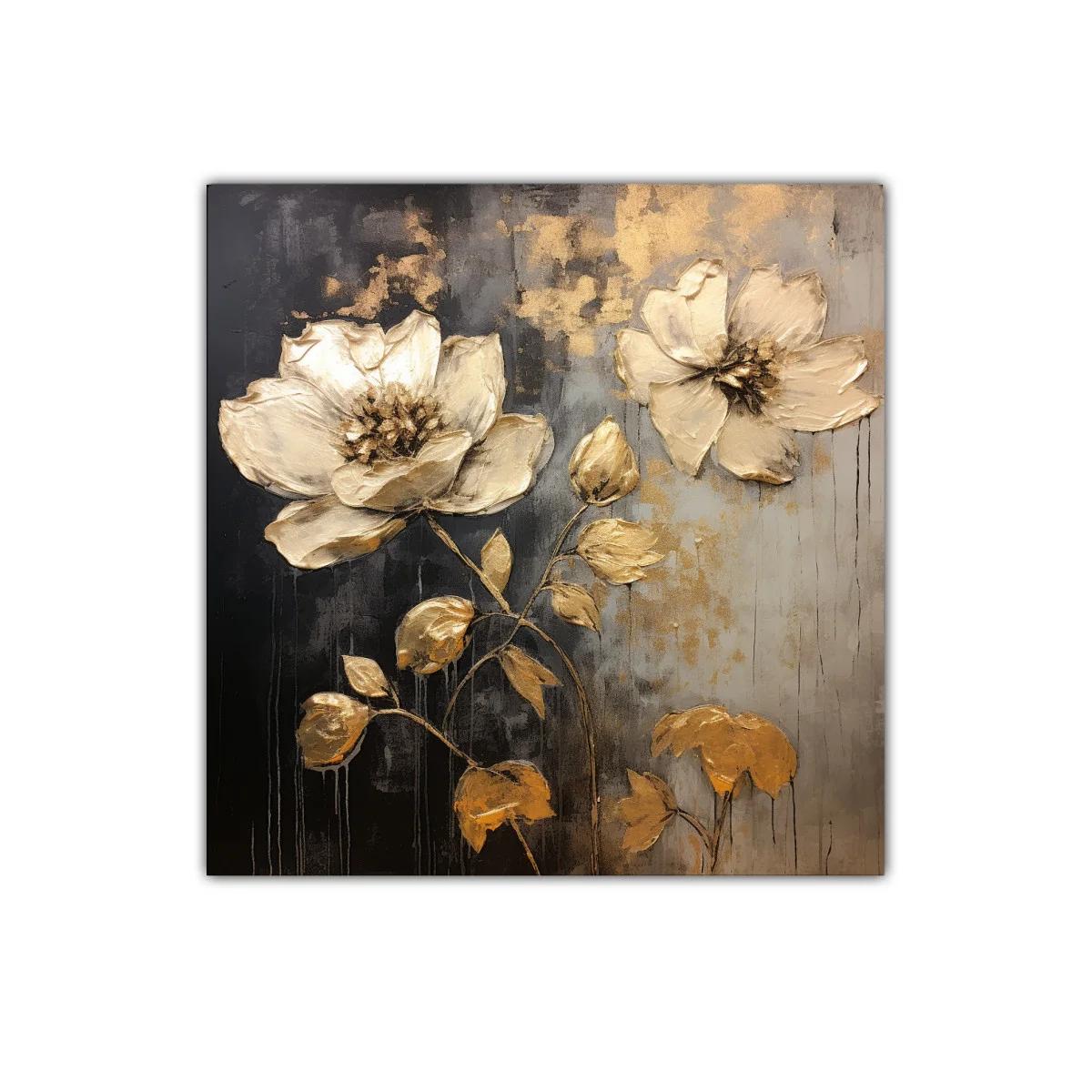 Cuadro decorativo floral en tonos dorados y grises elegantes