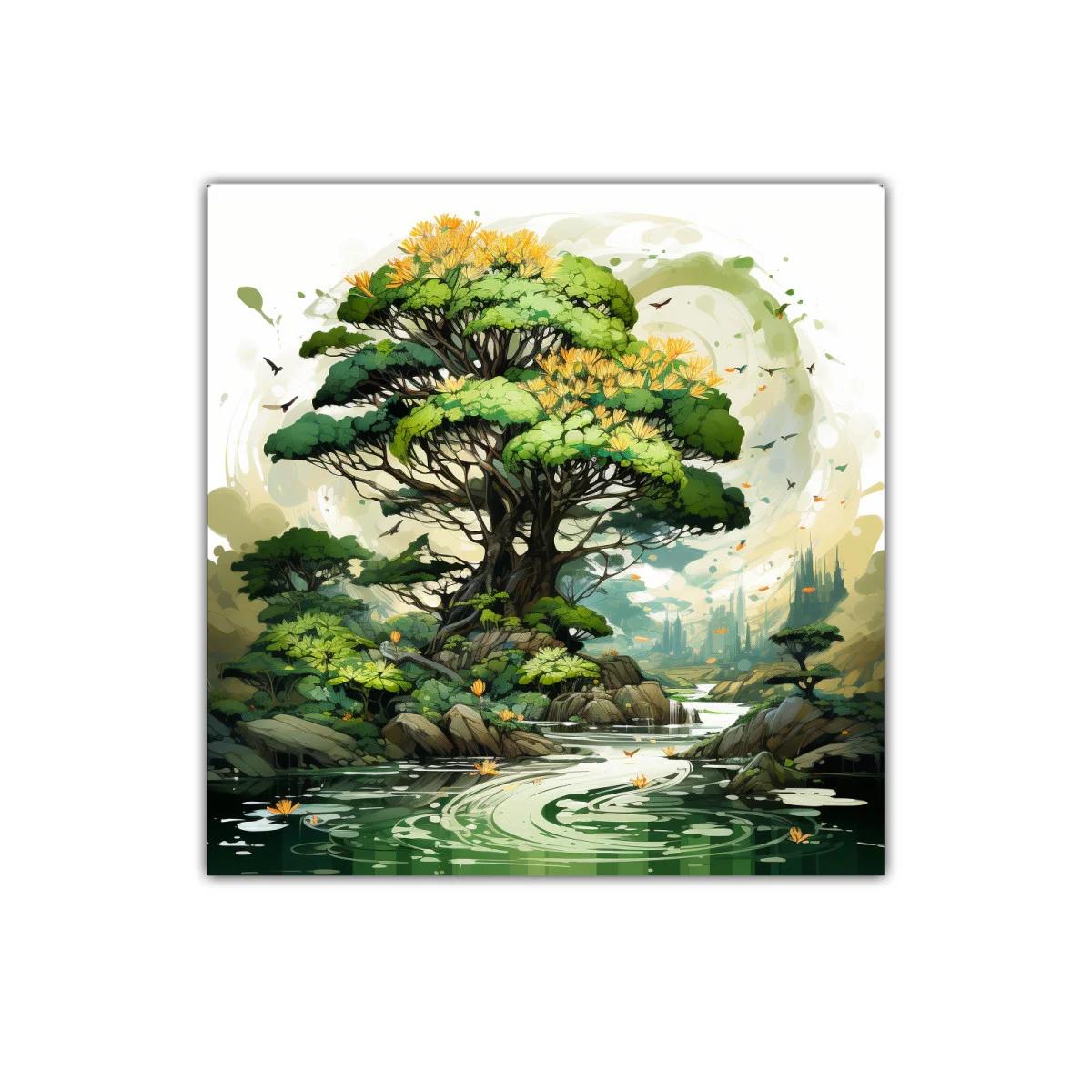 Paisaje natural con árbol frondoso y río sereno