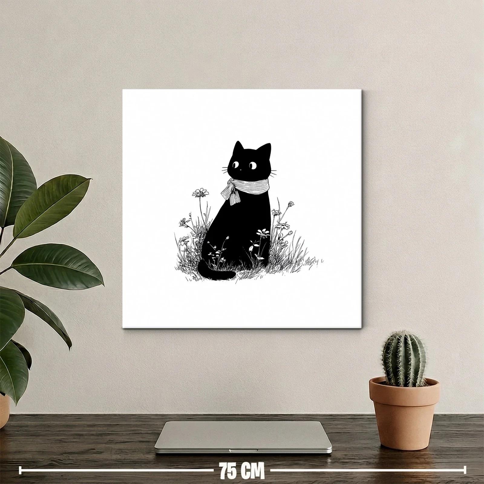 Gato negro con bufanda rodeado de flores silvestres — miniatura 2