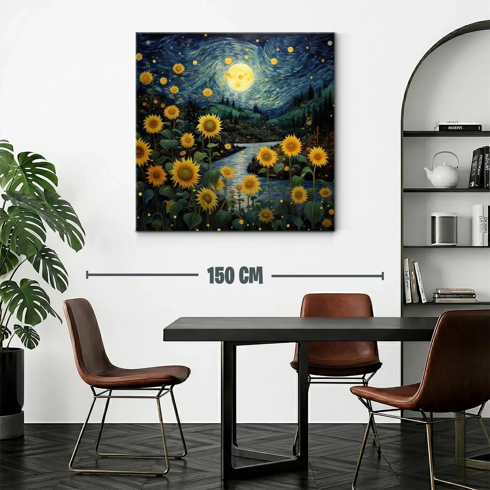 Campo de girasoles bajo un cielo estrellado y la luna llena — miniatura 2